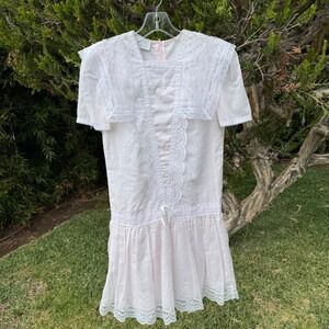 Gunne Sax Jessica McClintock Vintage Pink Lace Drop Waist Mini Dress Cottagecore